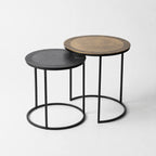 Verona Side Tables Set/2 with antique bronze and antique brass aluminium tops on slender black legs.