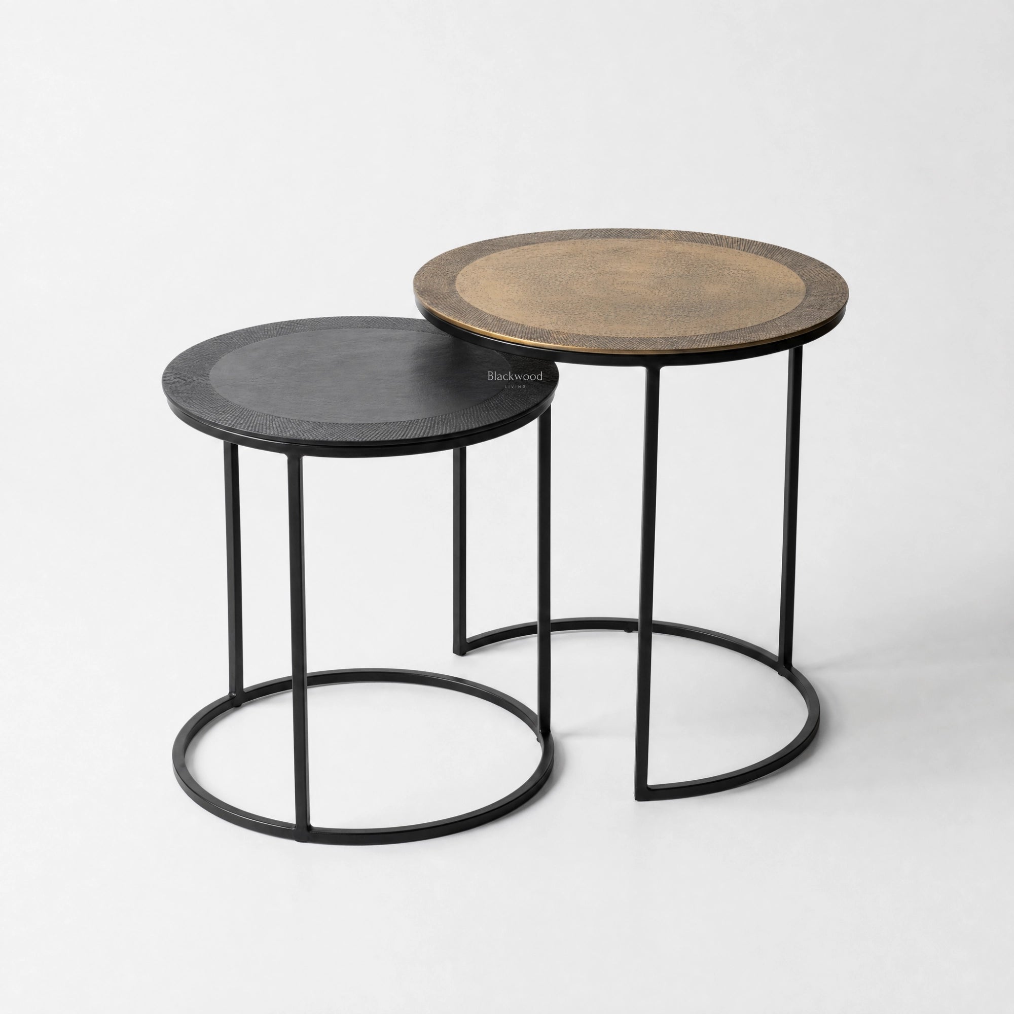 Verona Side Tables Set/2 with antique bronze and antique brass aluminium tops on slender black legs.