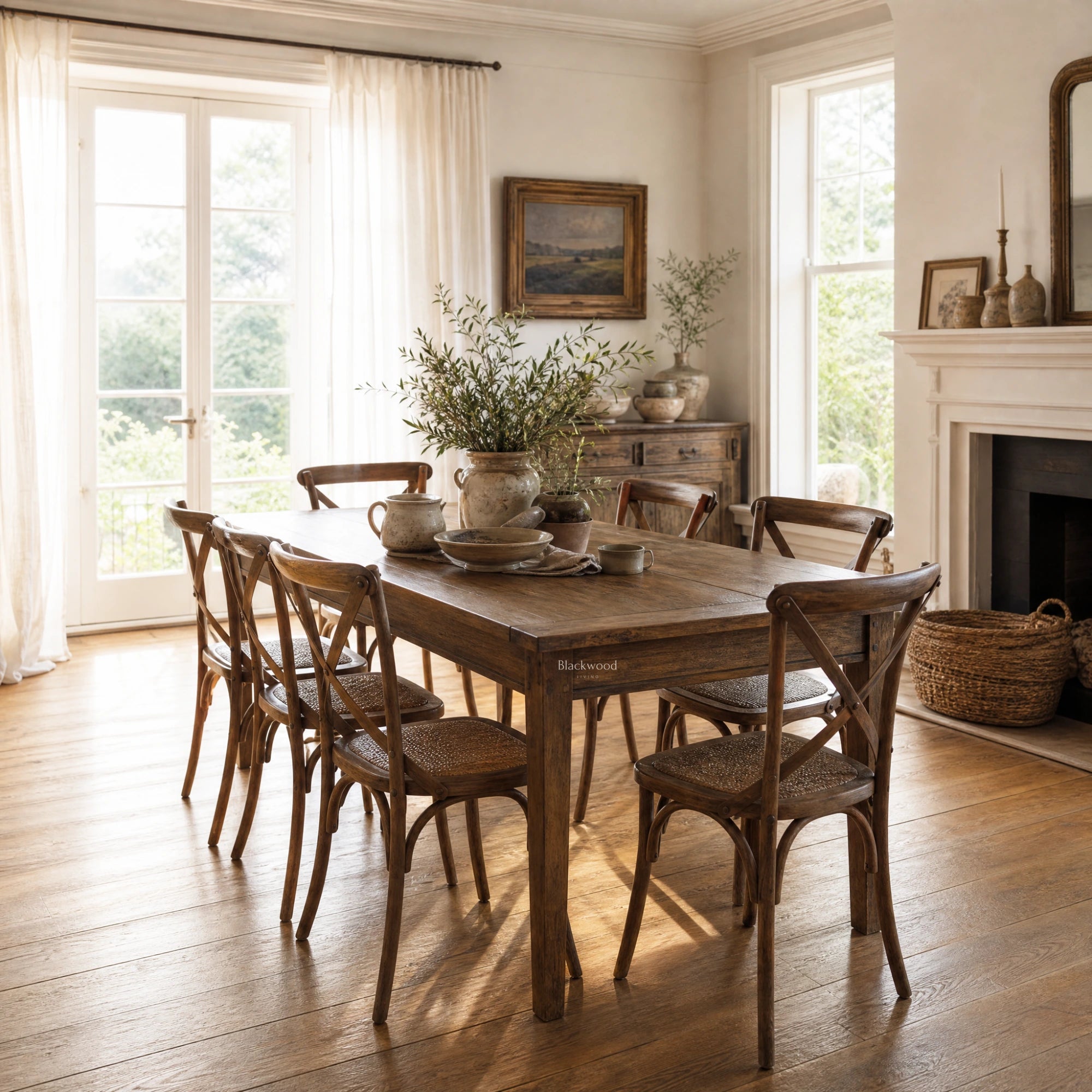 Renwick Extendable Dining Table 1.8m in solid mango wood with rich grain, set in a sunlit dining room.