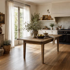 Renwick Extendable Dining Table 1.8m in solid mango wood in a warm farmhouse kitchen with greenery and ceramicware.