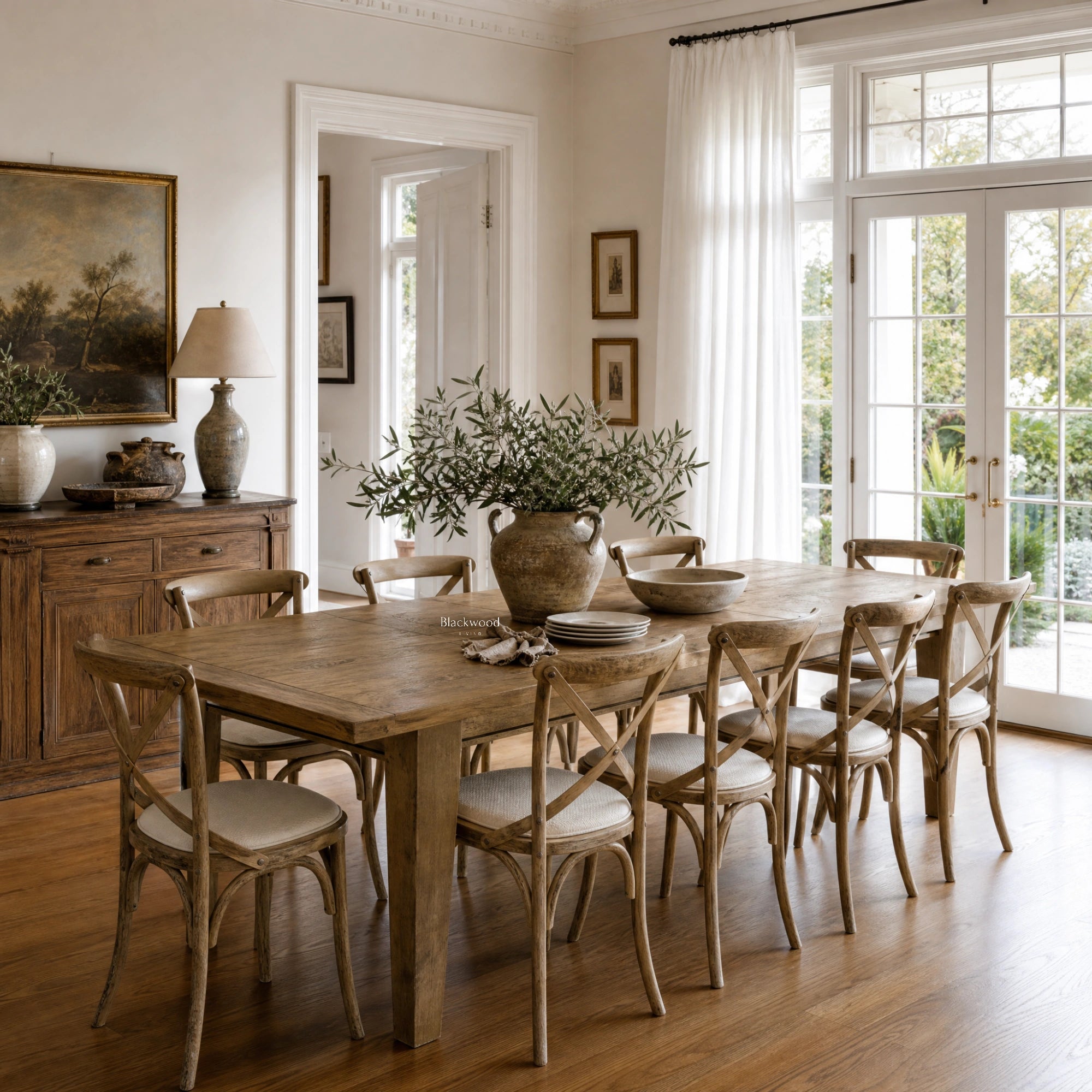 Renwick Extendable Dining Table 3.1 in solid mango wood with rich grain, surrounded by chairs in a sunlit dining room.