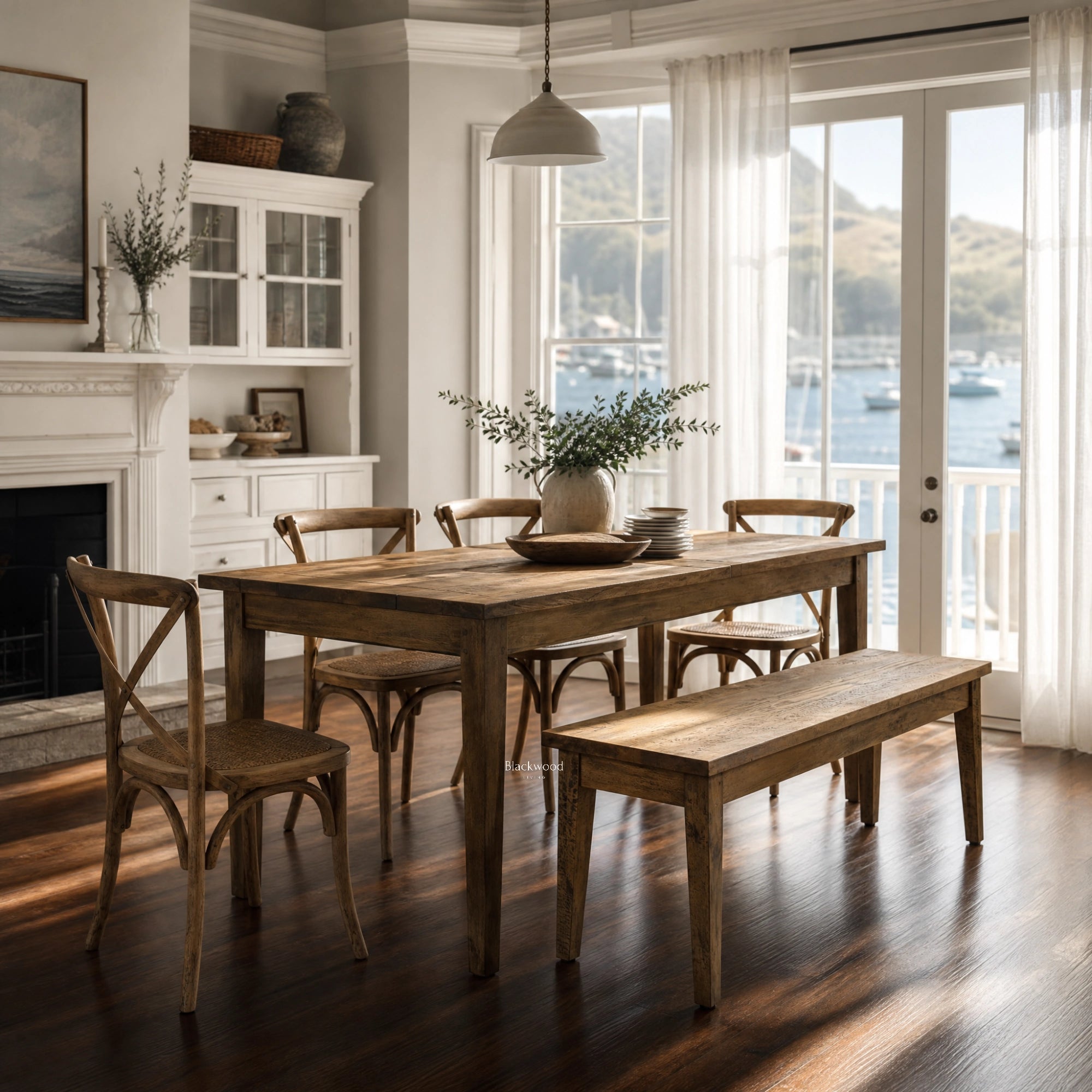 Renwick Bench Seat in solid mango wood with clean lines and rich natural grain in a dining room.