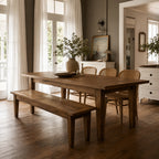 Renwick Bench Seat 170cm in solid mango wood with clean lines and rich grain, timeless, warm dining companion.