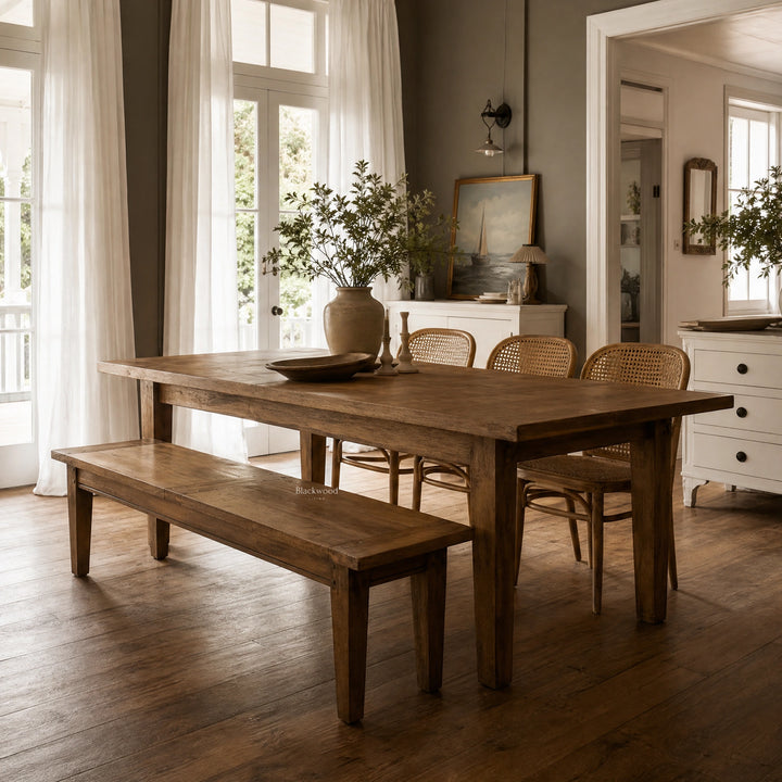 Renwick Bench Seat 170cm in solid mango wood with clean lines and rich grain, timeless, warm dining companion.