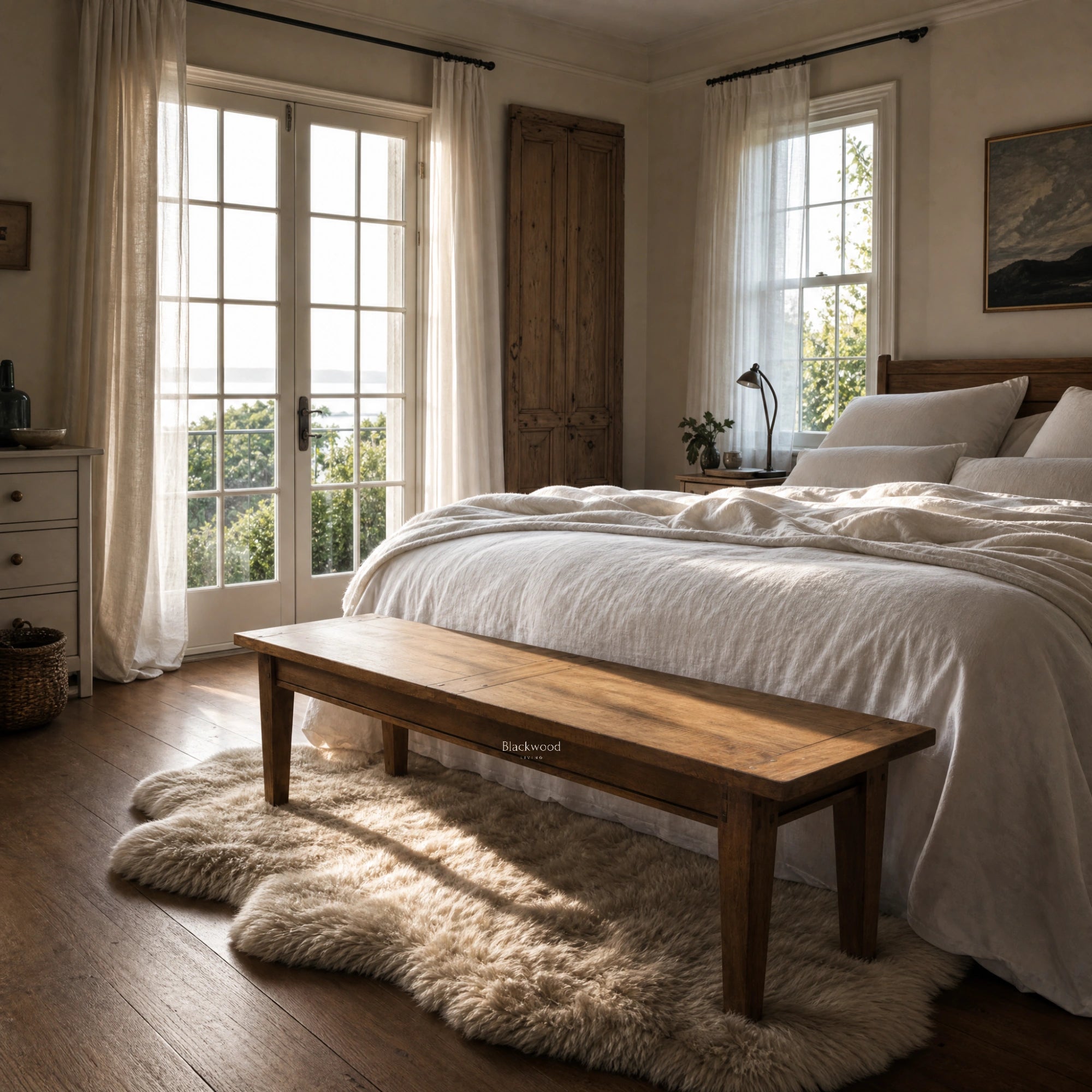 Renwick Bench Seat 170cm in solid mango wood with natural grain at the foot of a bed in a sunlit bedroom.