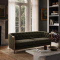 Windsor Sofa - Cypress in dark green upholstery with a chalk-wash oak frame in a refined living room.