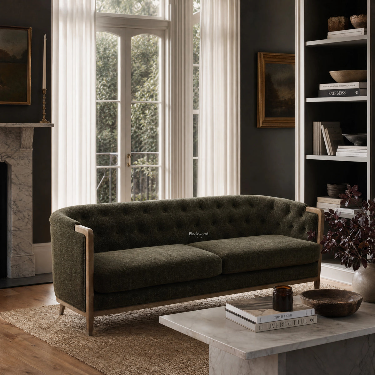 Windsor Sofa - Cypress in dark green upholstery with a chalk-wash oak frame in a refined living room.