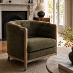 Windsor Lounge Chair - Cypress with chalk-wash oak frame and textured polyester upholstery in a cozy living room.