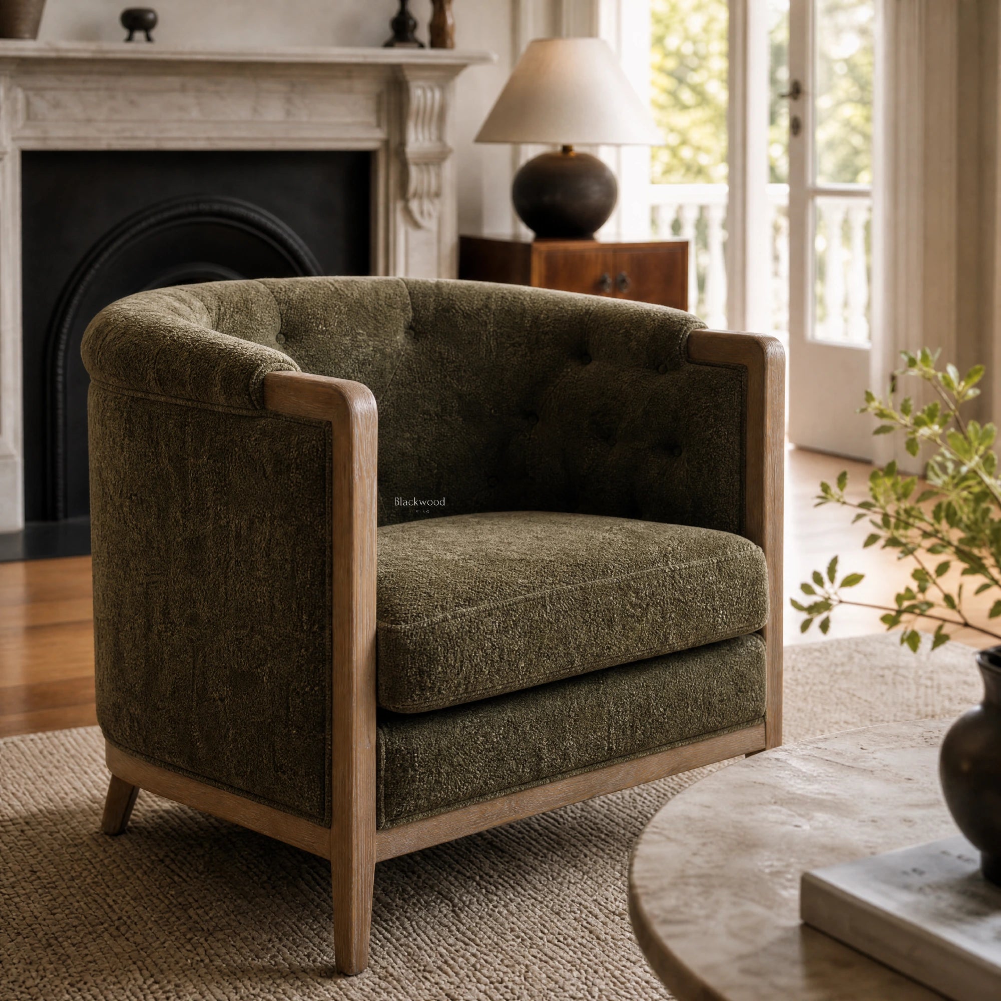 Windsor Lounge Chair - Cypress with chalk-wash oak frame and textured polyester upholstery in a cozy living room.