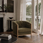 Windsor Lounge Chair in Cypress with chalk-wash oak frame and upholstered textured polyester fabric.