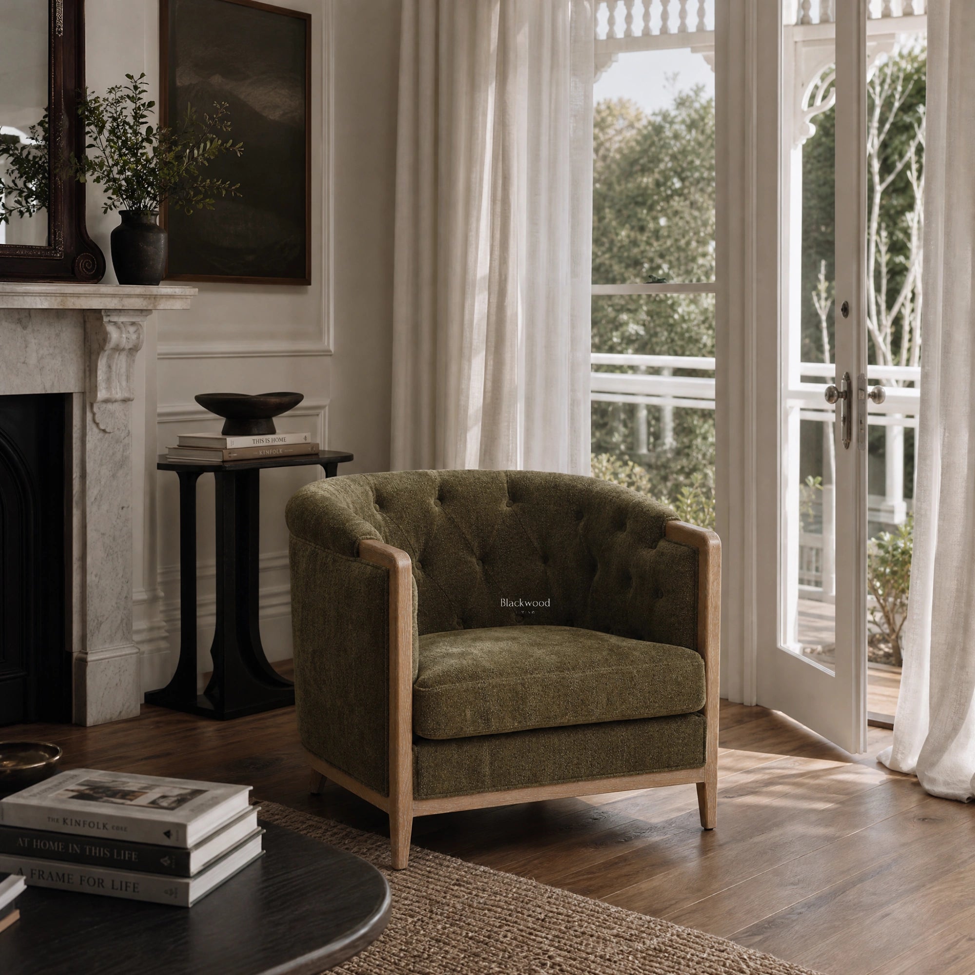 Windsor Lounge Chair in Cypress with chalk-wash oak frame and upholstered textured polyester fabric.