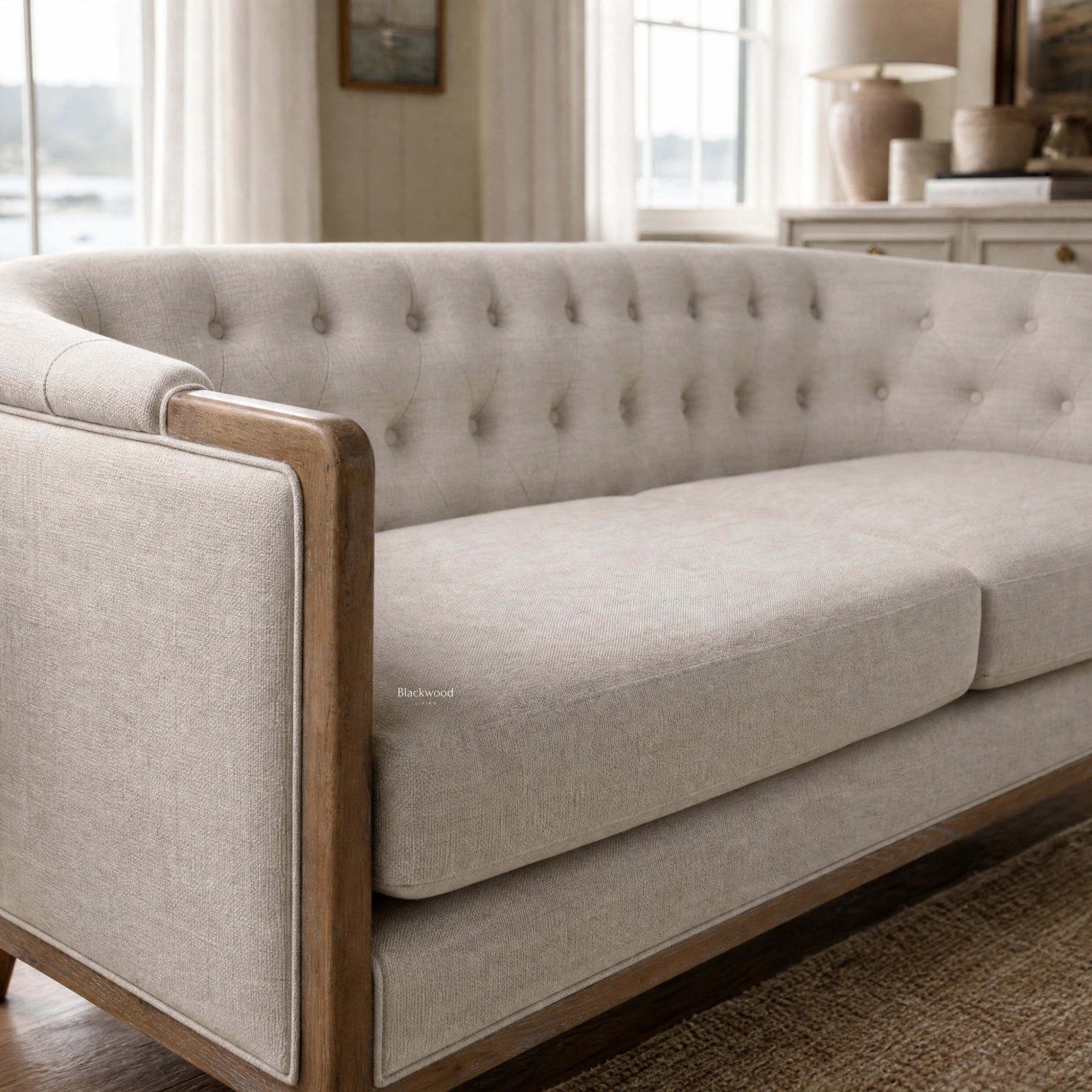 Windsor Sofa - Parchment with chalk-wash oak frame, refined craftsmanship, and beige upholstery.