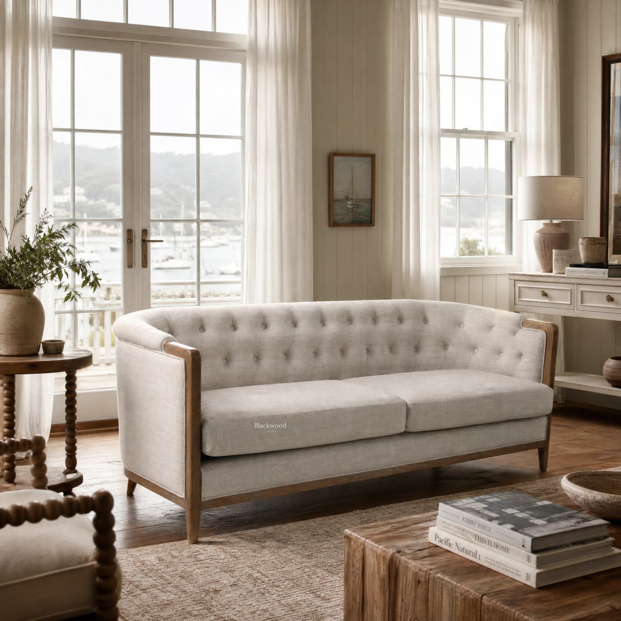 Windsor Sofa - Parchment with tufted light upholstery and chalk-wash oak frame in a bright, airy living room.