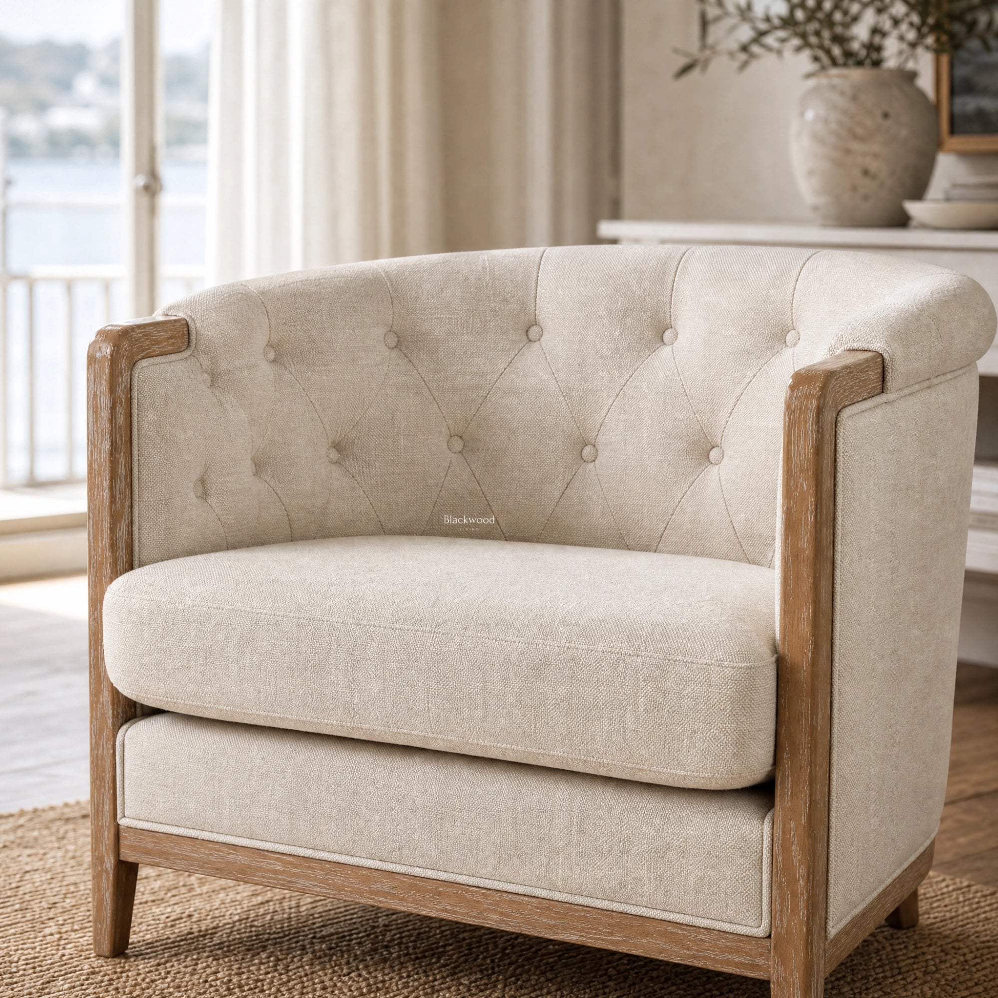 Windsor Lounge Chair in parchment with chalk-wash oak frame, tufted upholstery, and wooden arms.
