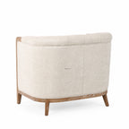 Windsor Lounge Chair in parchment fabric with a chalk-wash oak frame and curved wooden legs.