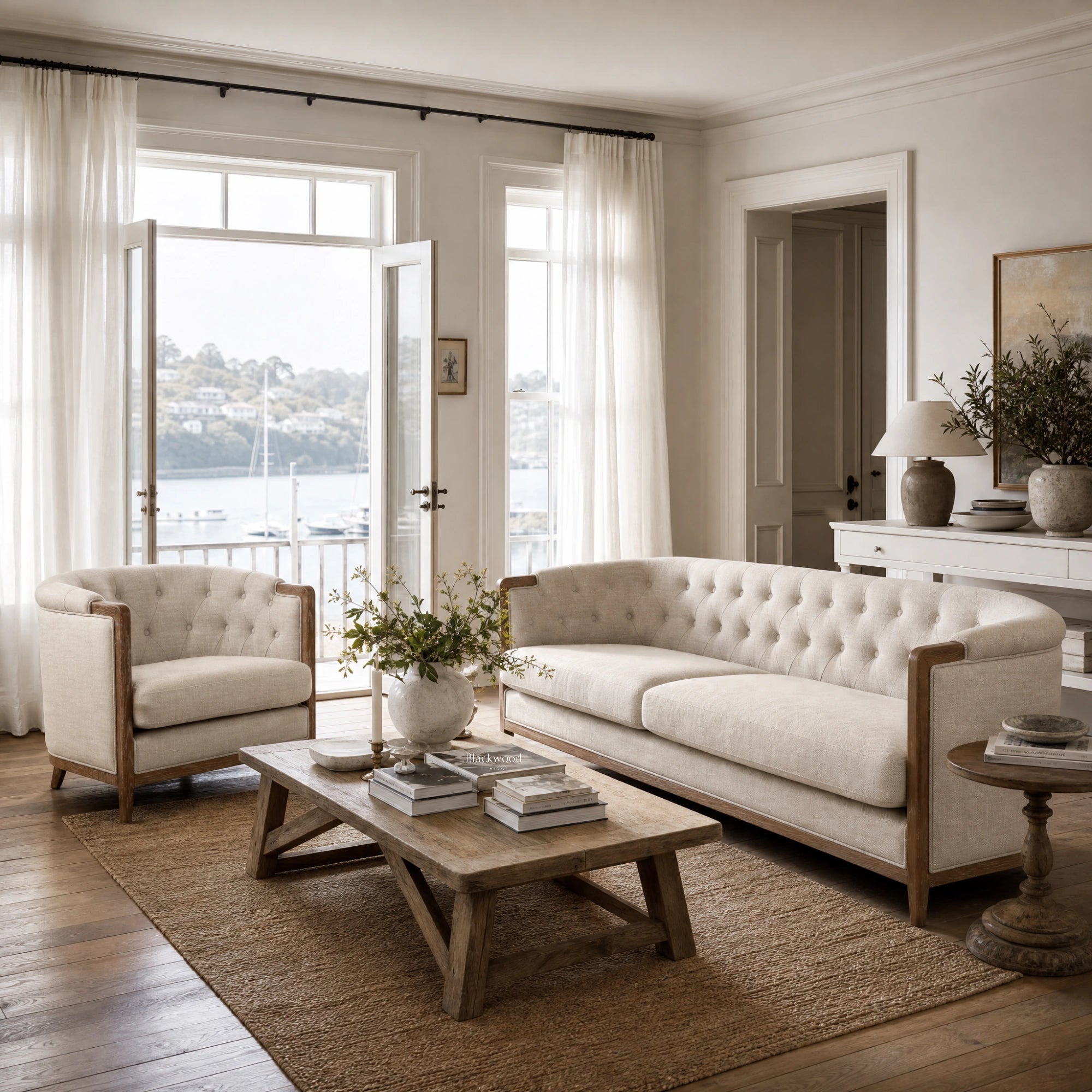 Windsor Lounge Chair - Parchment with chalk-wash oak frame in a light, elegant living room.
