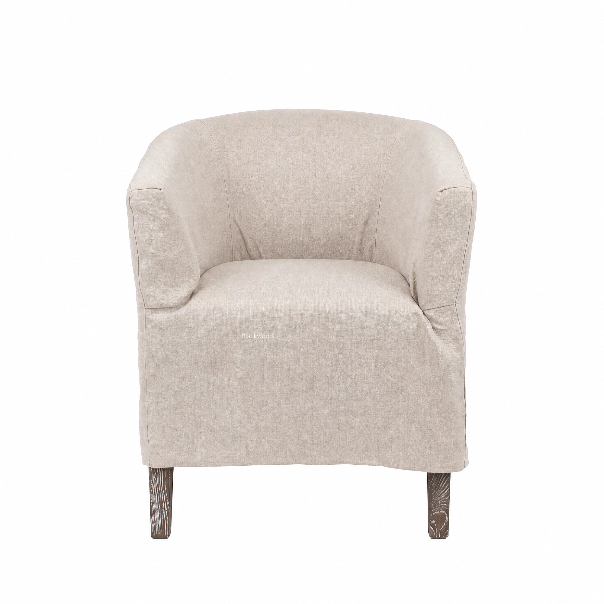 Stonehaven Accent Chair with linen slipcover, Hamptons styling, curved silhouette, and solid timber frame.