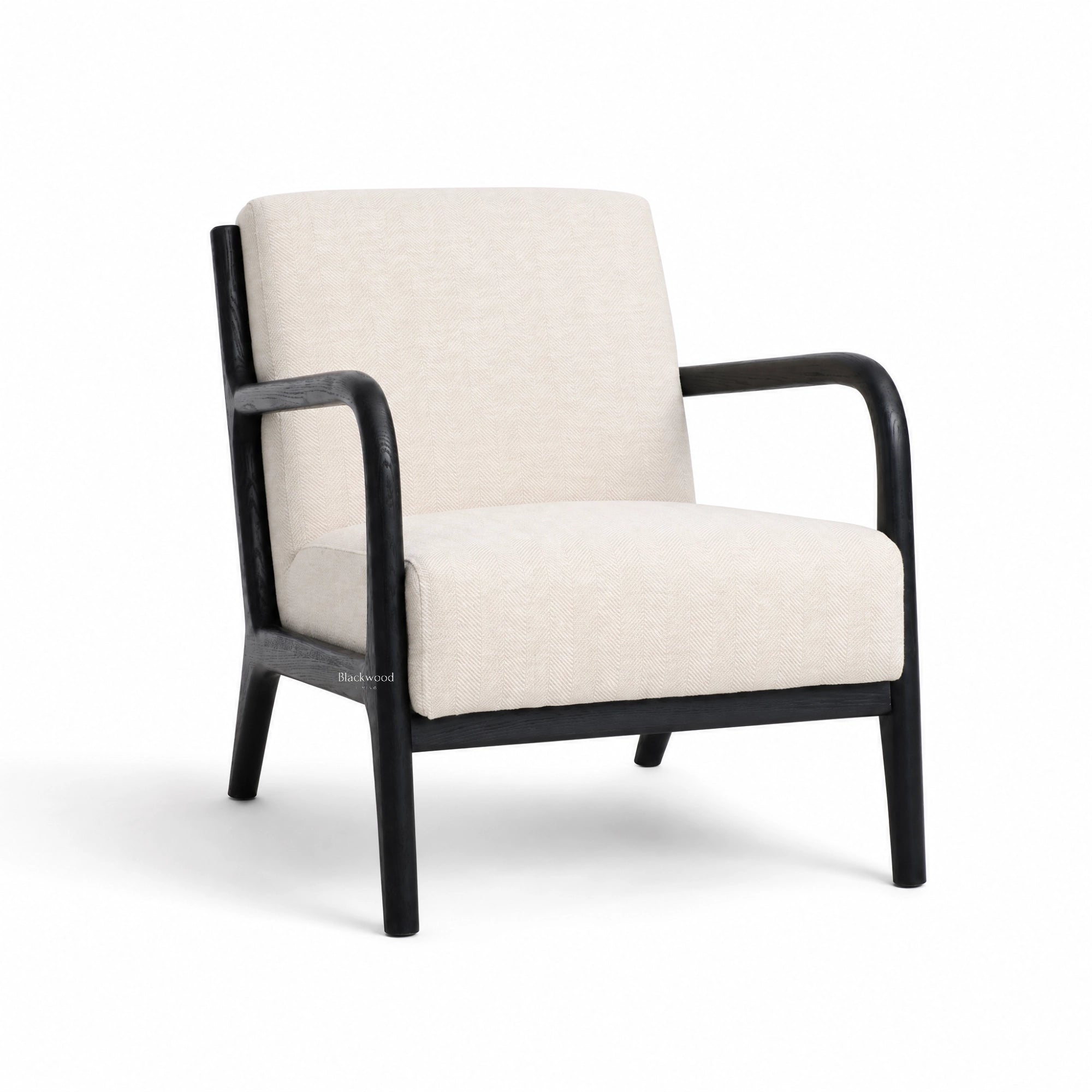 Java Occasional Chair with black wood frame and cream herringbone upholstery.