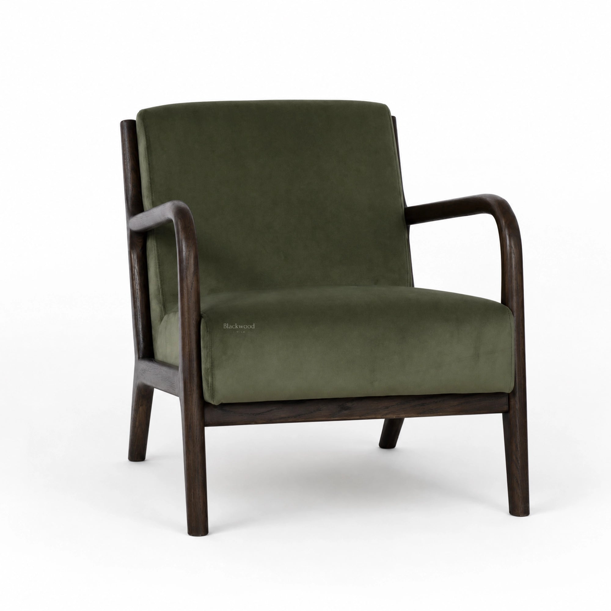 Java Occasional Chair in a dark oak frame with rainforest green velvet upholstery.