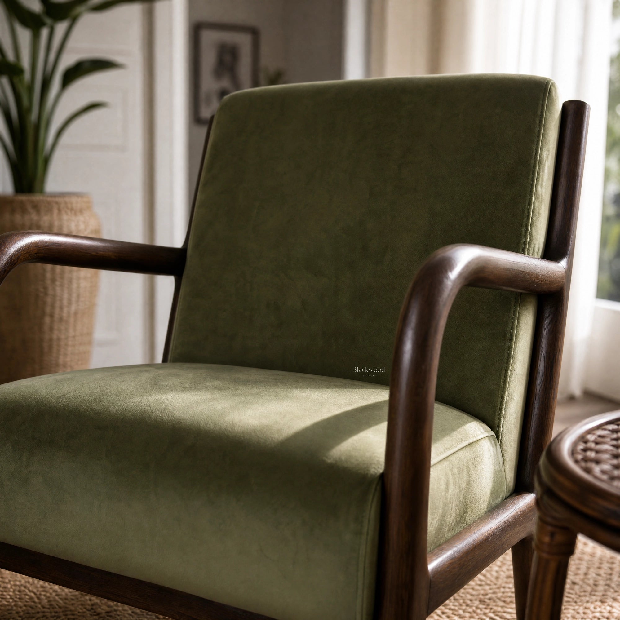 Java Occasional Chair in dark oak frame with rainforest green velvet upholstery.