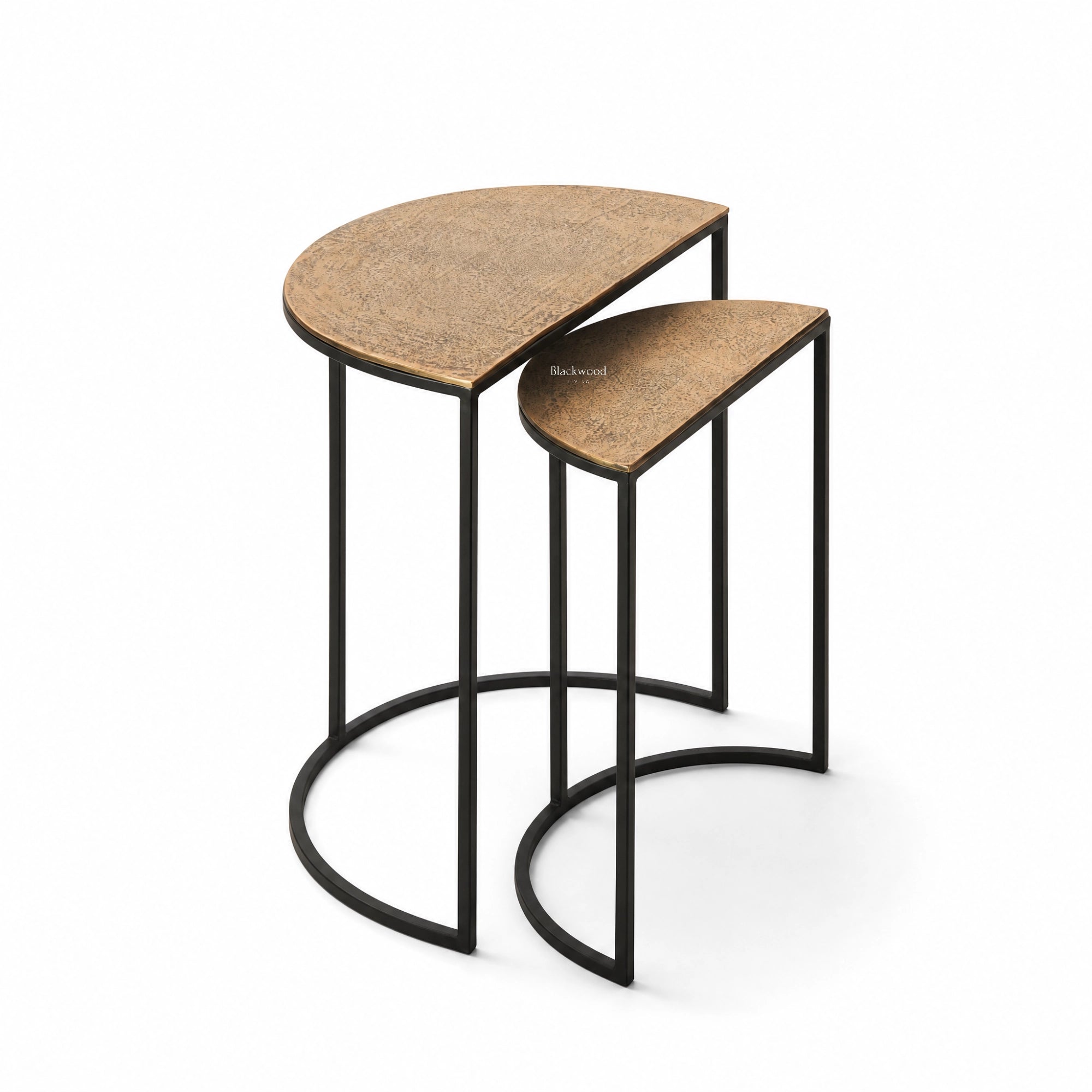 Agra Side Tables Set/2: textured antique aluminium tops on black metal, nesting pair of tables