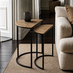Agra Side Tables Set/2, durable aluminium with textured antique finish, nesting pair beside a beige sofa.