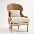 Bayview Lounge Chair with a solid ash frame, beautifully woven natural rattan, and 100% linen upholstery.