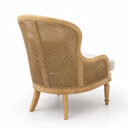 Bayview Lounge Chair: ash frame, natural woven rattan back, linen upholstery.