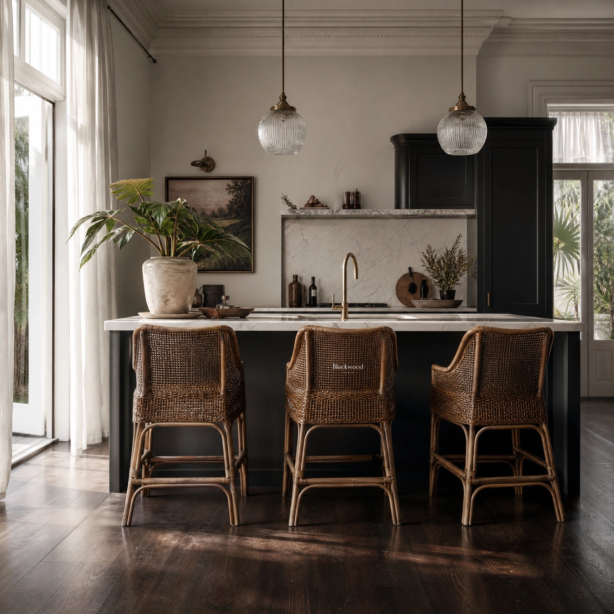 Singapore Counter Stool - Coffee: natural rattan stools with curved silhouette around a marble kitchen island.