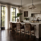 Set of four Singapore Counter Stools in Coffee finish around a marble kitchen island.