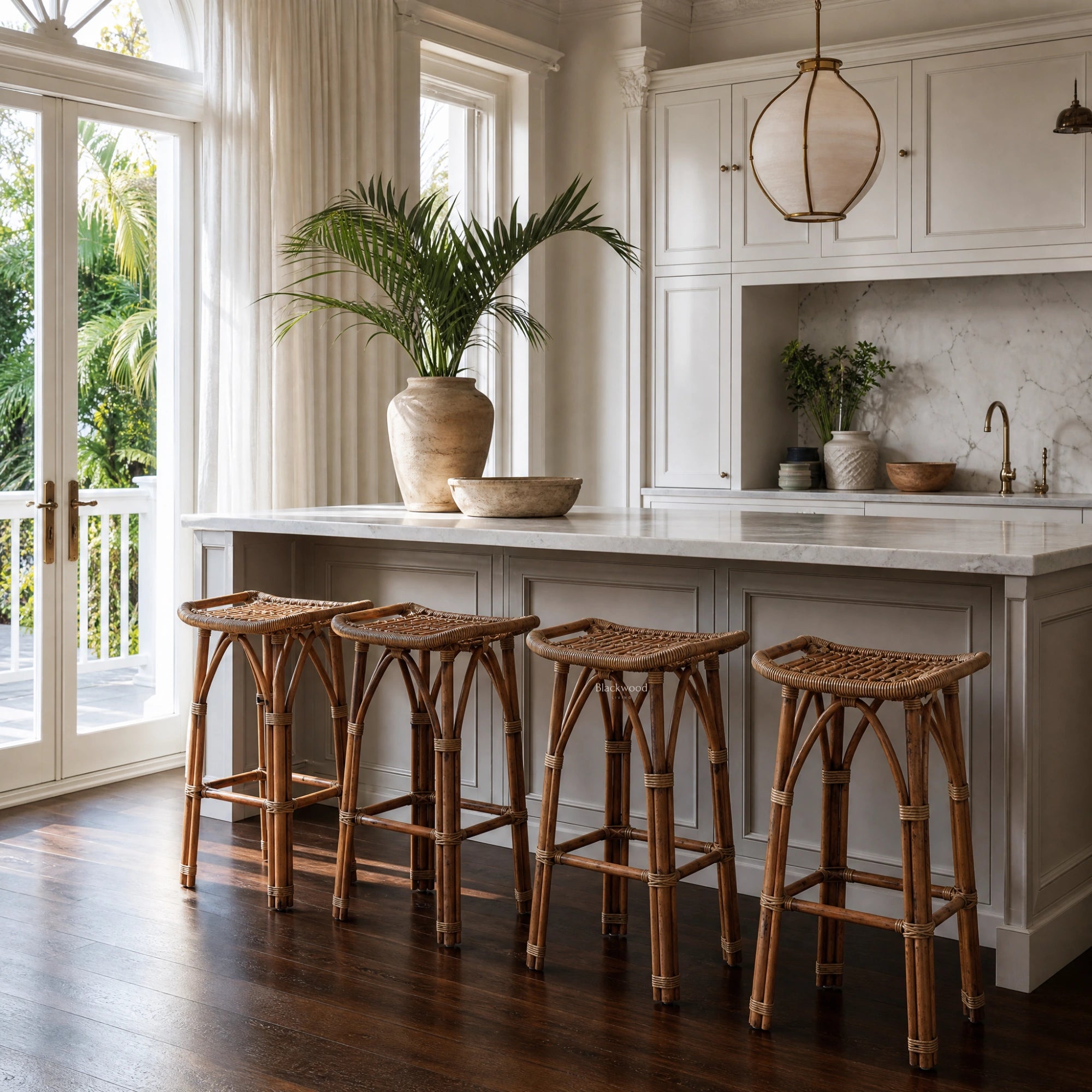 Row of Sika Salsa Rattan Counter Stools along a marble kitchen island in a plantation-style kitchen.