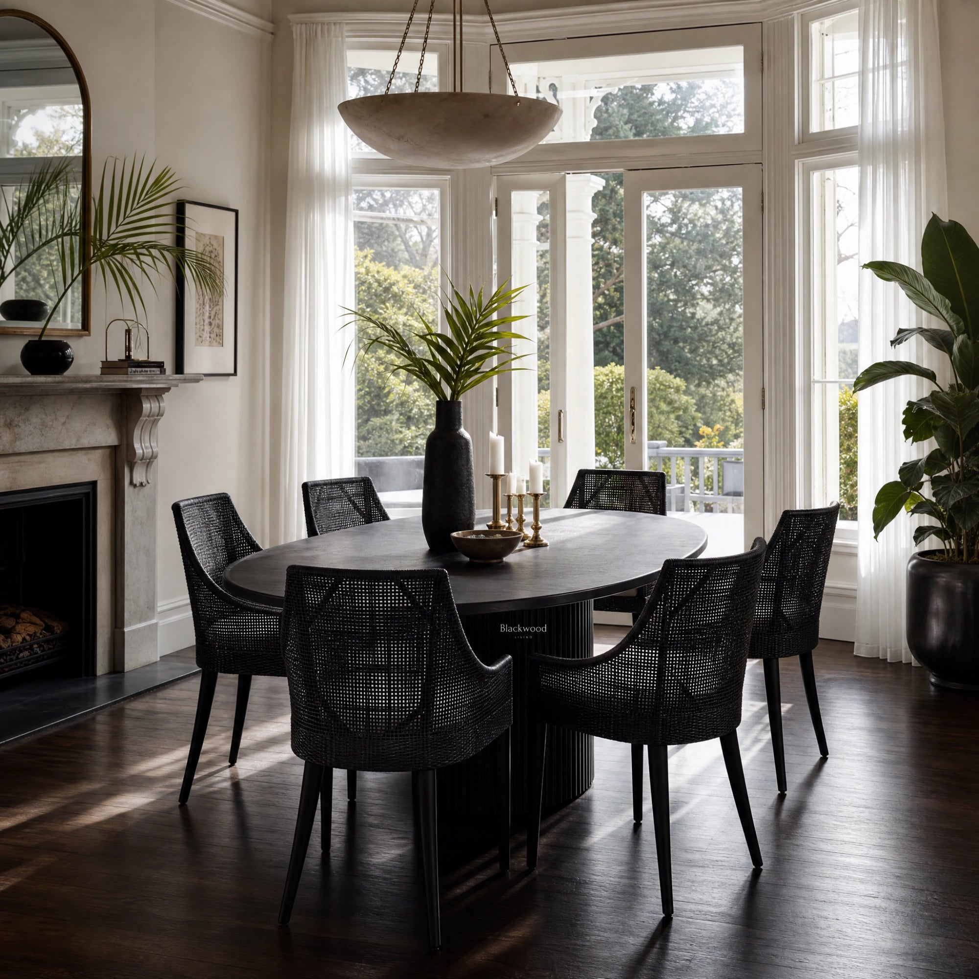 Barbados Dining Chair in mahogany and natural rattan with a curved back and arms.