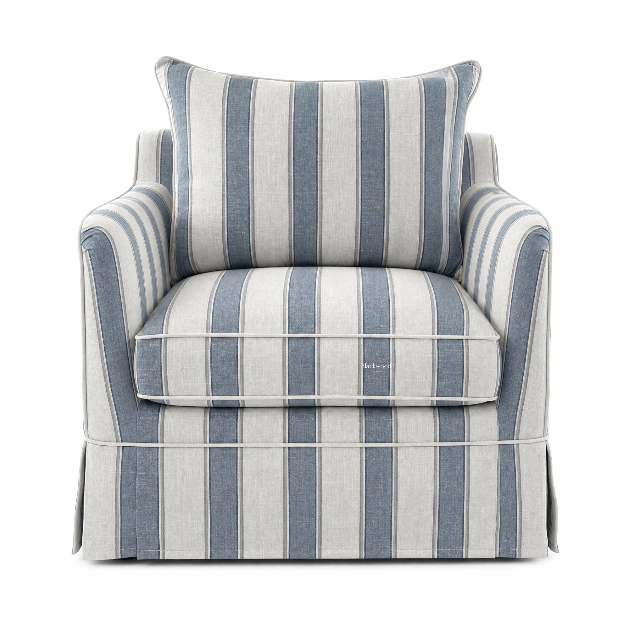 Newport Armchair in Mariner Blue Stripe linen-blend slipcover with cushioned seat and tailored skirt