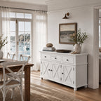 Bridgeport 3 Drawer Sideboard in crisp white solid acacia with cross-braced doors for a coastal living or dining room.