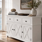 Bridgeport 3 Drawer Sideboard in crisp white acacia timber with cross-braced doors, coastal style.