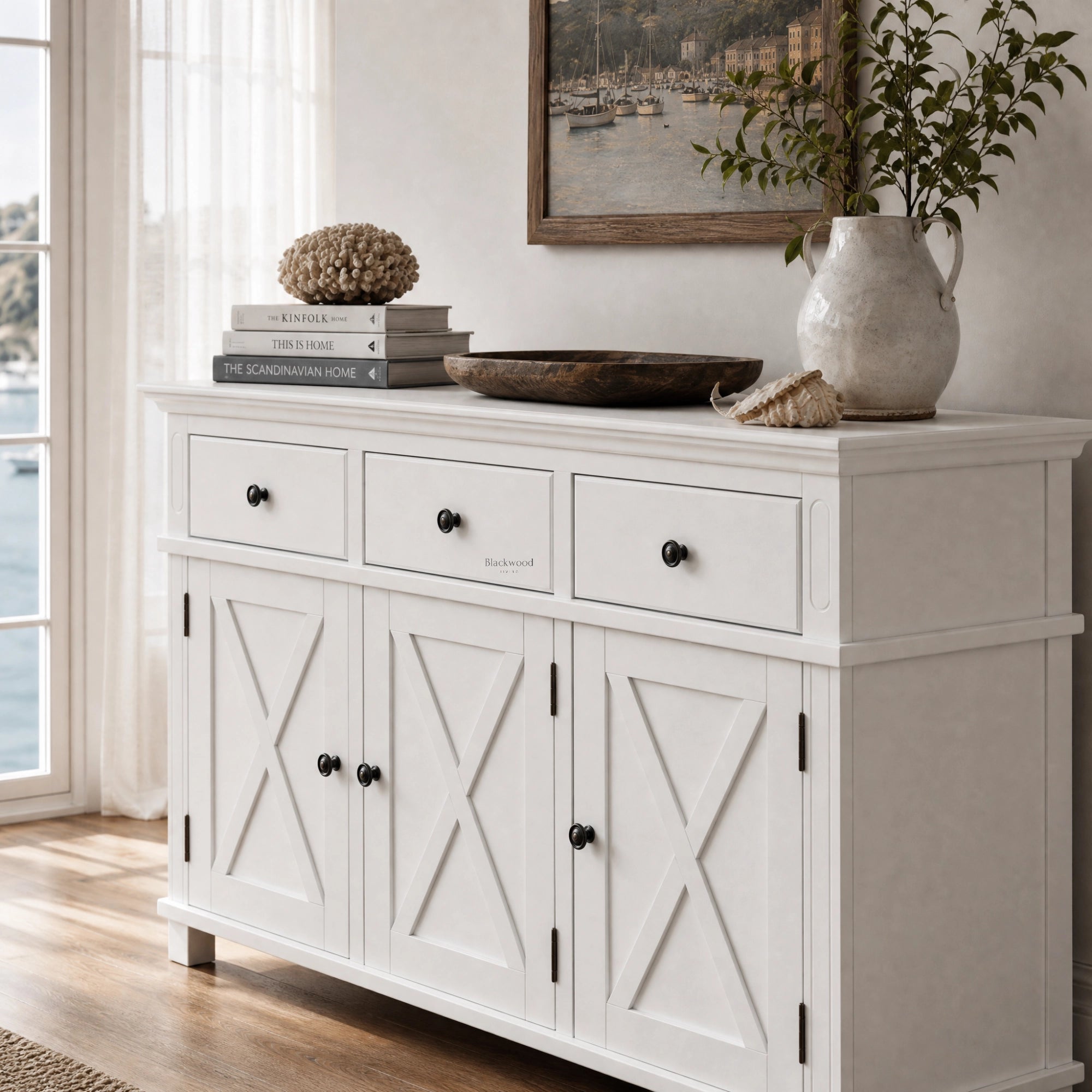Bridgeport 3 Drawer Sideboard in crisp white acacia timber with cross-braced doors, coastal style.
