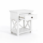 Bridgeport 1 Drawer Bedside in white with traditional detailing and crisscross base, drawer open.
