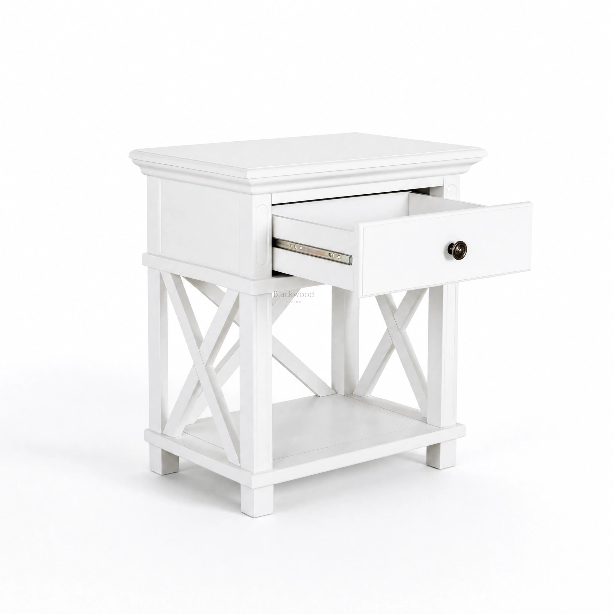 Bridgeport 1 Drawer Bedside in white with traditional detailing and crisscross base, drawer open.