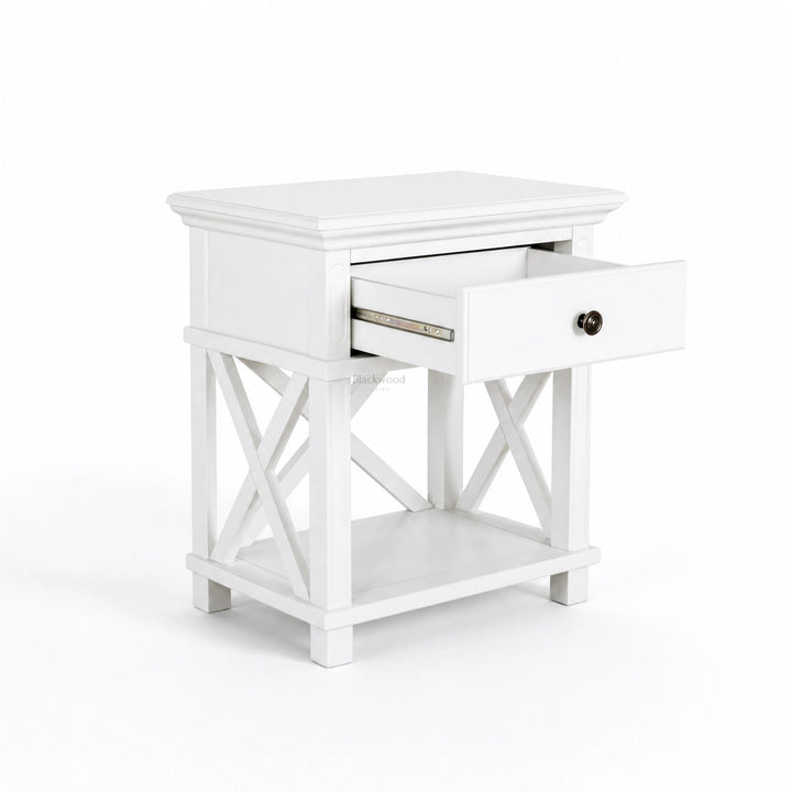 Bridgeport 1 Drawer Bedside in white with traditional detailing and crisscross base, drawer open.