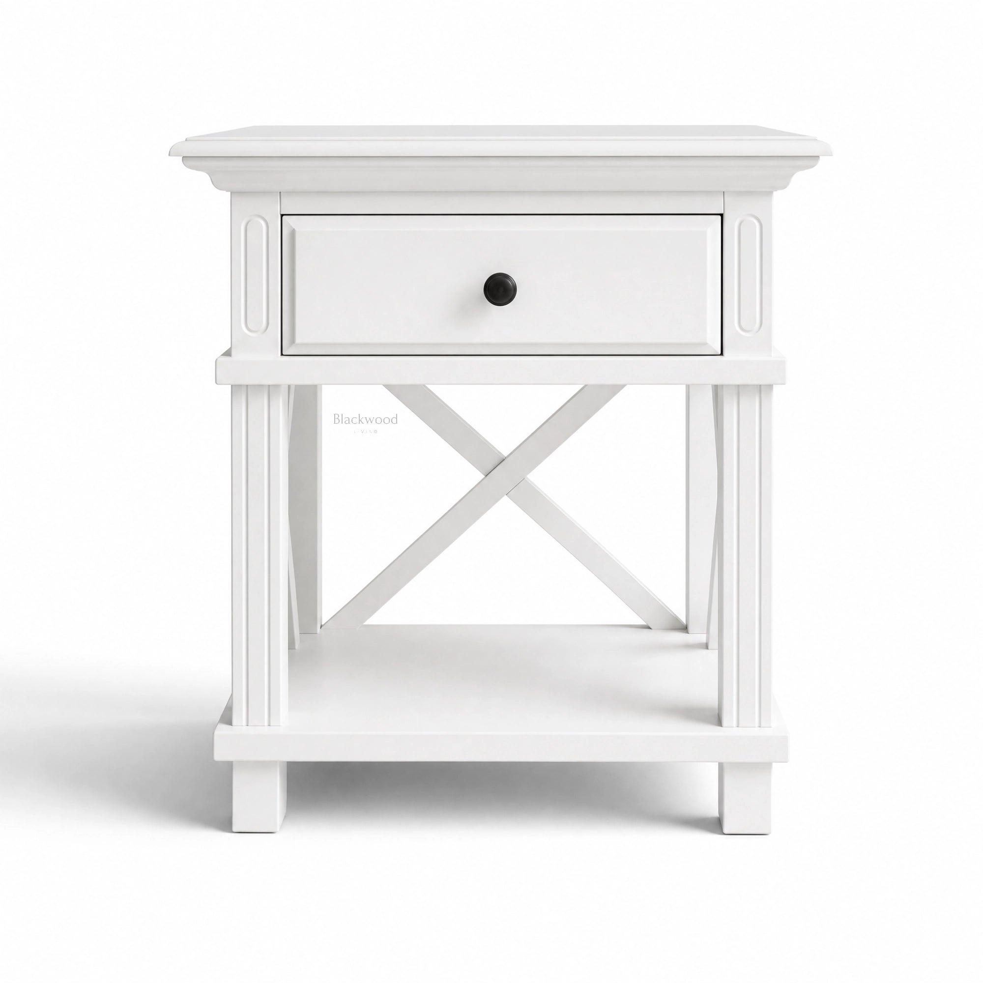 Bridgeport 1 Drawer Bedside in white with Hampton-inspired detailing and a black knob.