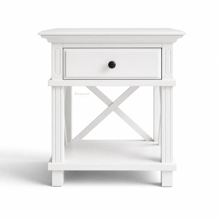 Bridgeport 1 Drawer Bedside in white with Hampton-inspired detailing and a black knob.