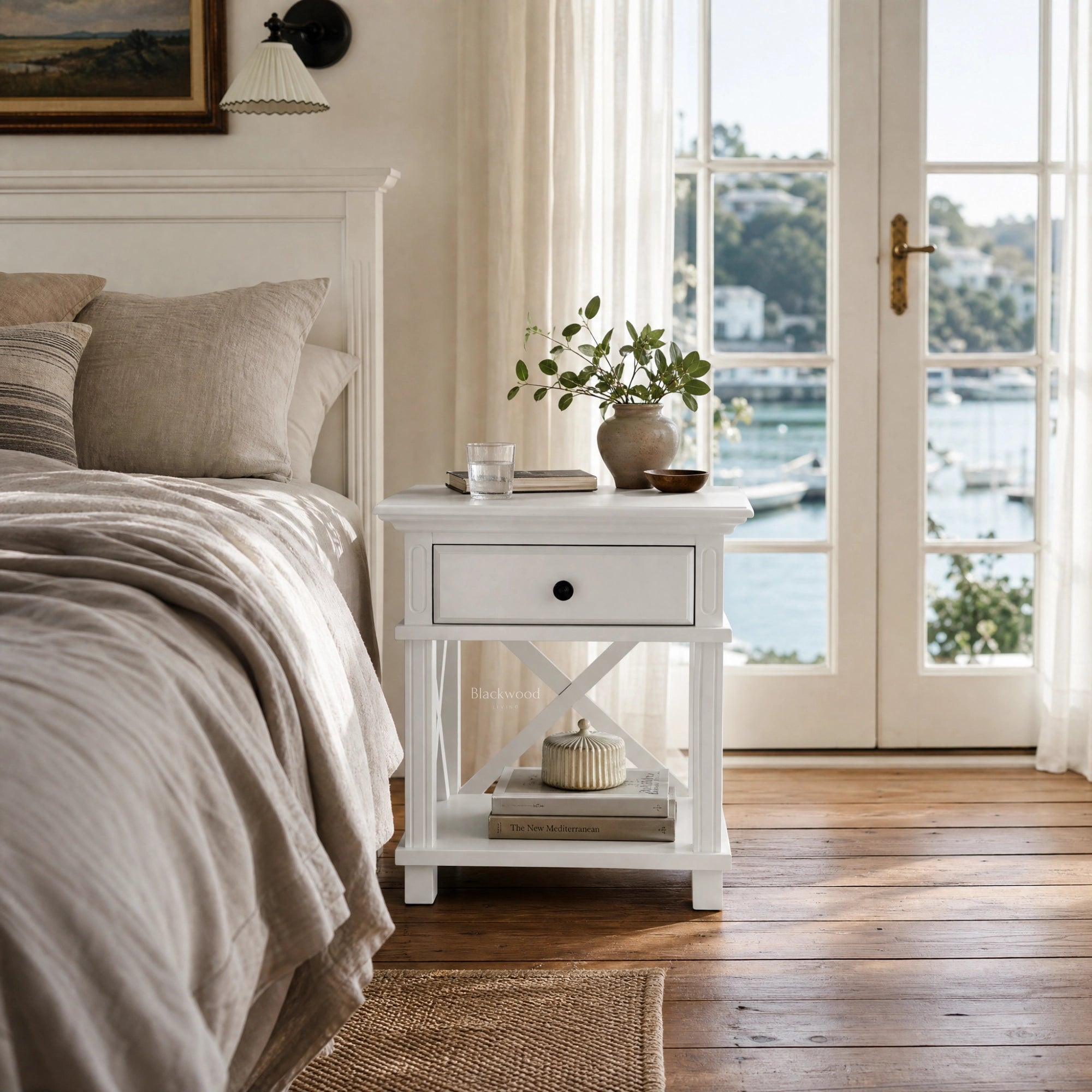 Bridgeport 1-Drawer Bedside in White beside a beige linen bed, with a potted plant and books on top.