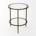 Belgrave Side Table in brass with two circular glass surfaces and slender iron frame.