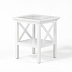 Newport Side Table with glass top, white painted finish, architectural cross-brace legs.