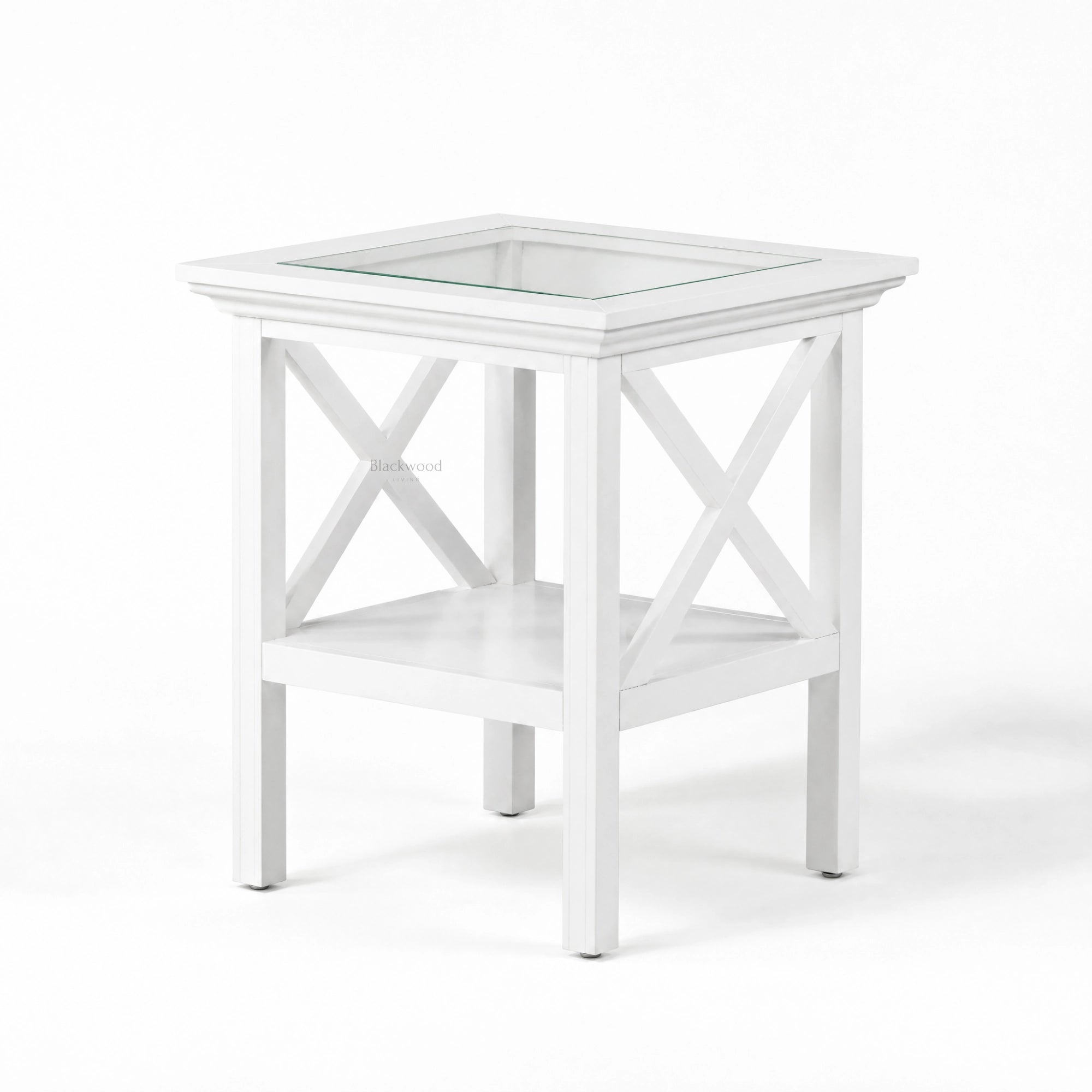 Newport Side Table with glass top, white painted finish, architectural cross-brace legs.