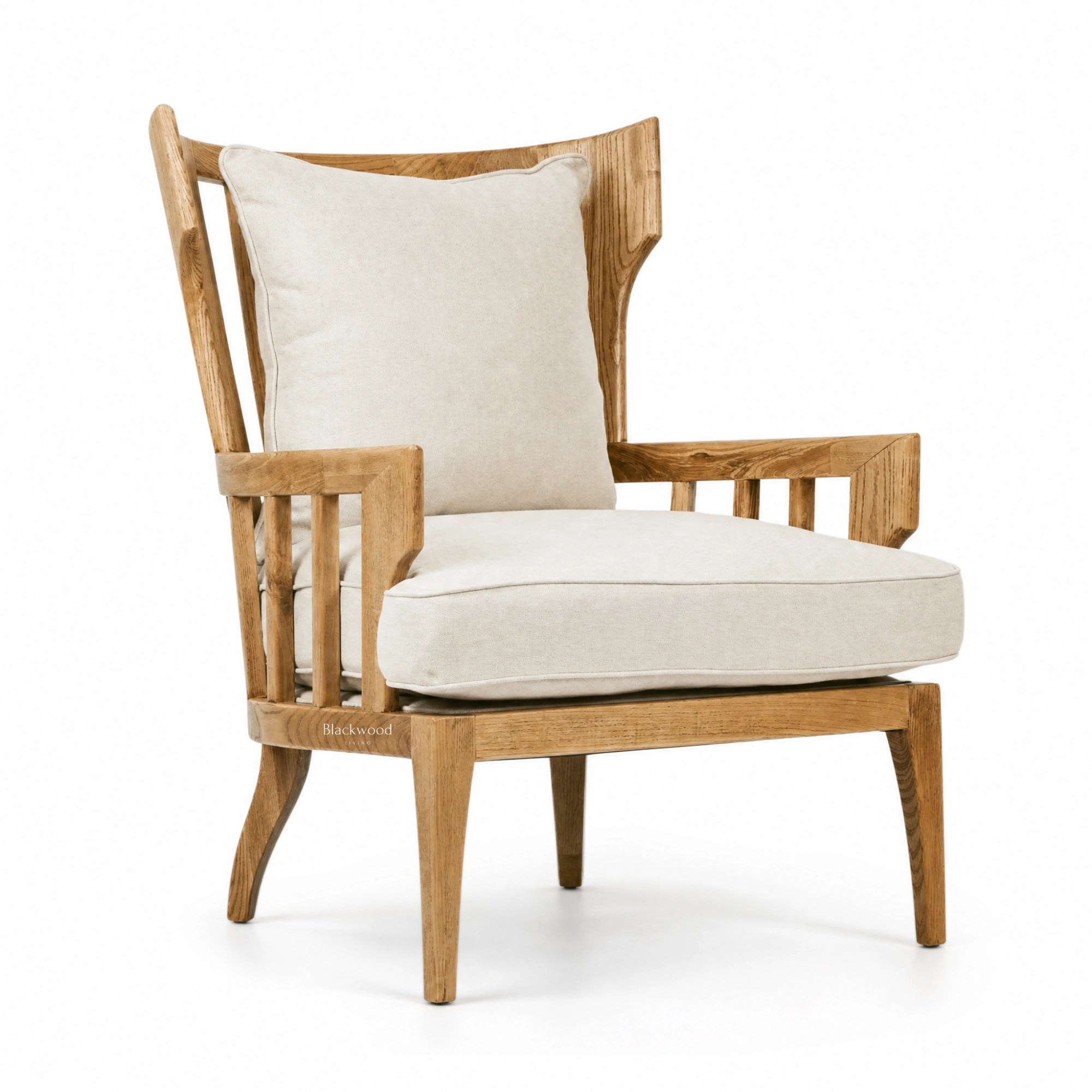 Sorrento Lounge Chair with beautifully grained oak frame and light linen upholstery for relaxed, elegant seating.