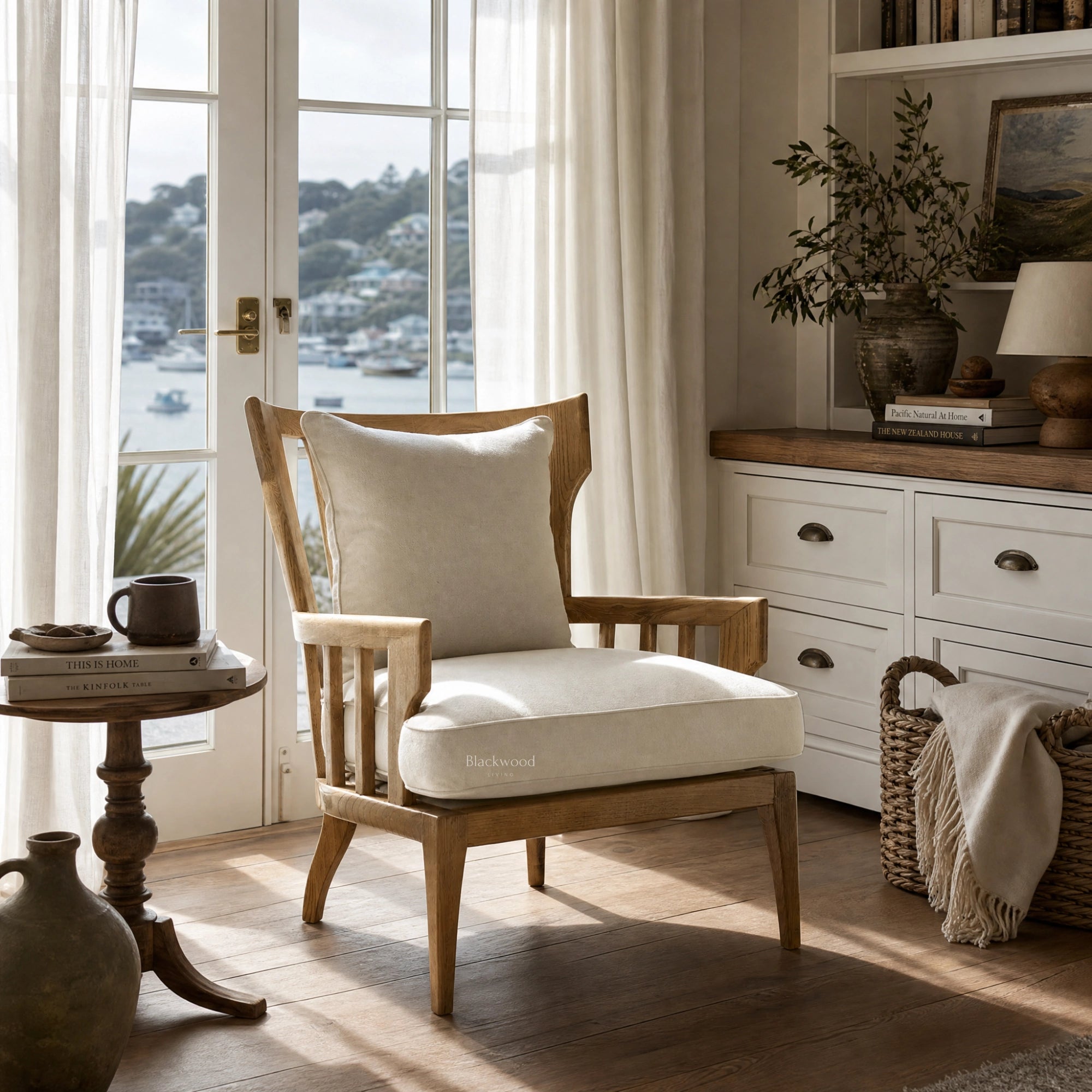 Sorrento Lounge Chair with an oak frame and linen upholstery in a sunlit living nook.