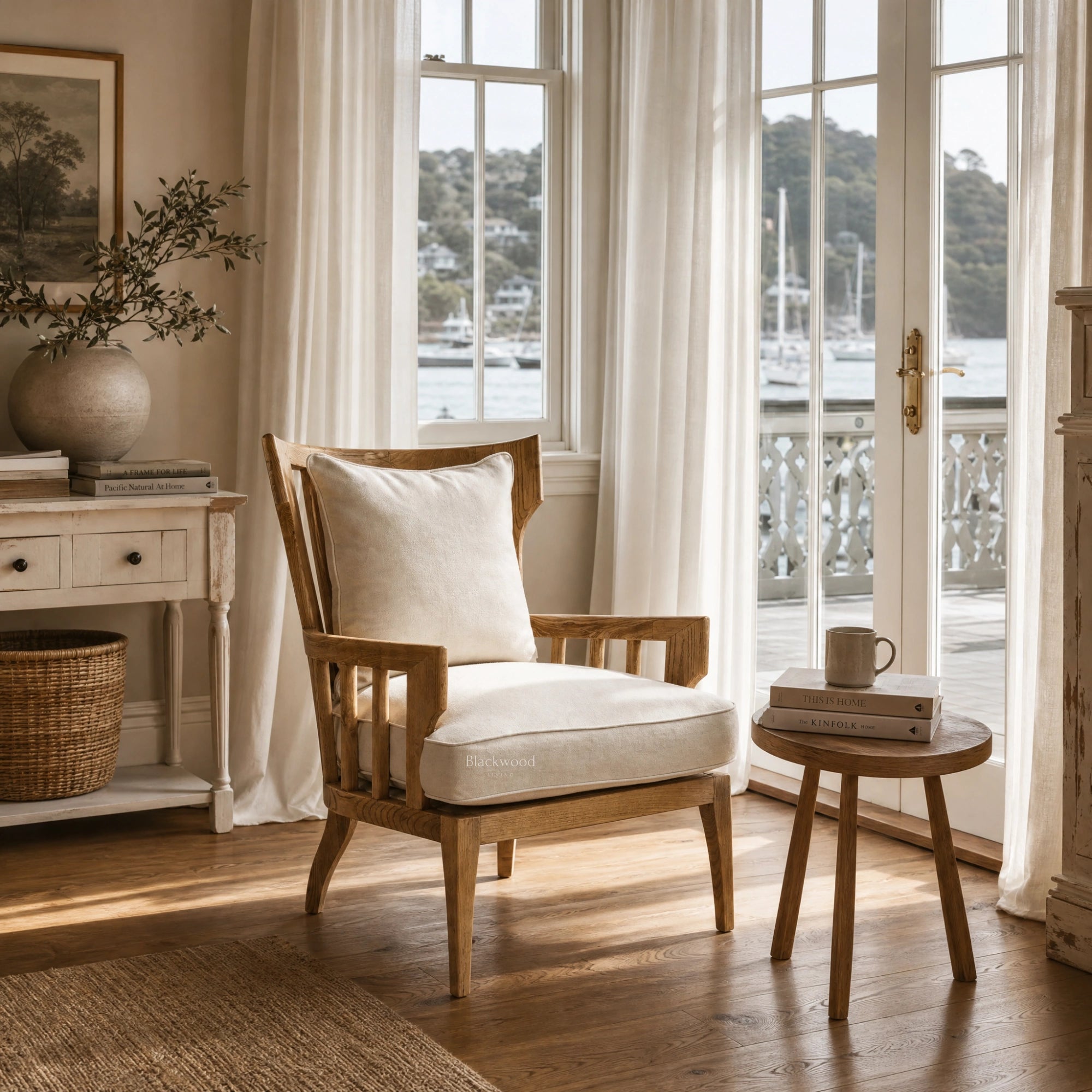 Sorrento Lounge Chair with an oak frame and linen upholstery in a sunlit, cozy room.