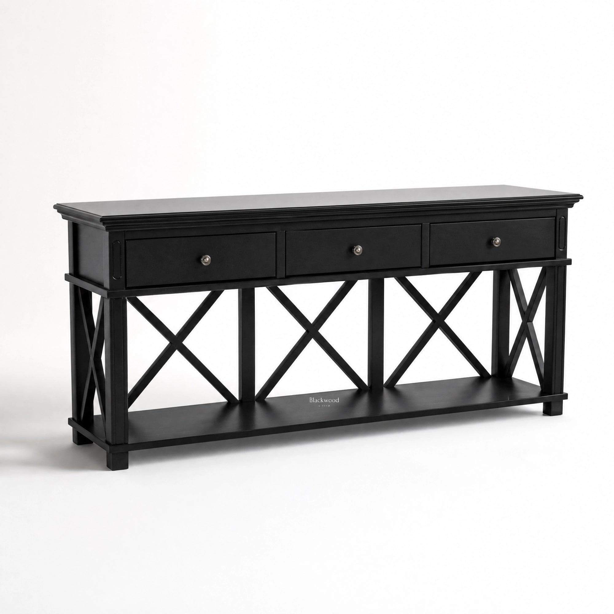 Bridgeport 3 Drawer Console in black with cross-braced sides and lower shelf.
