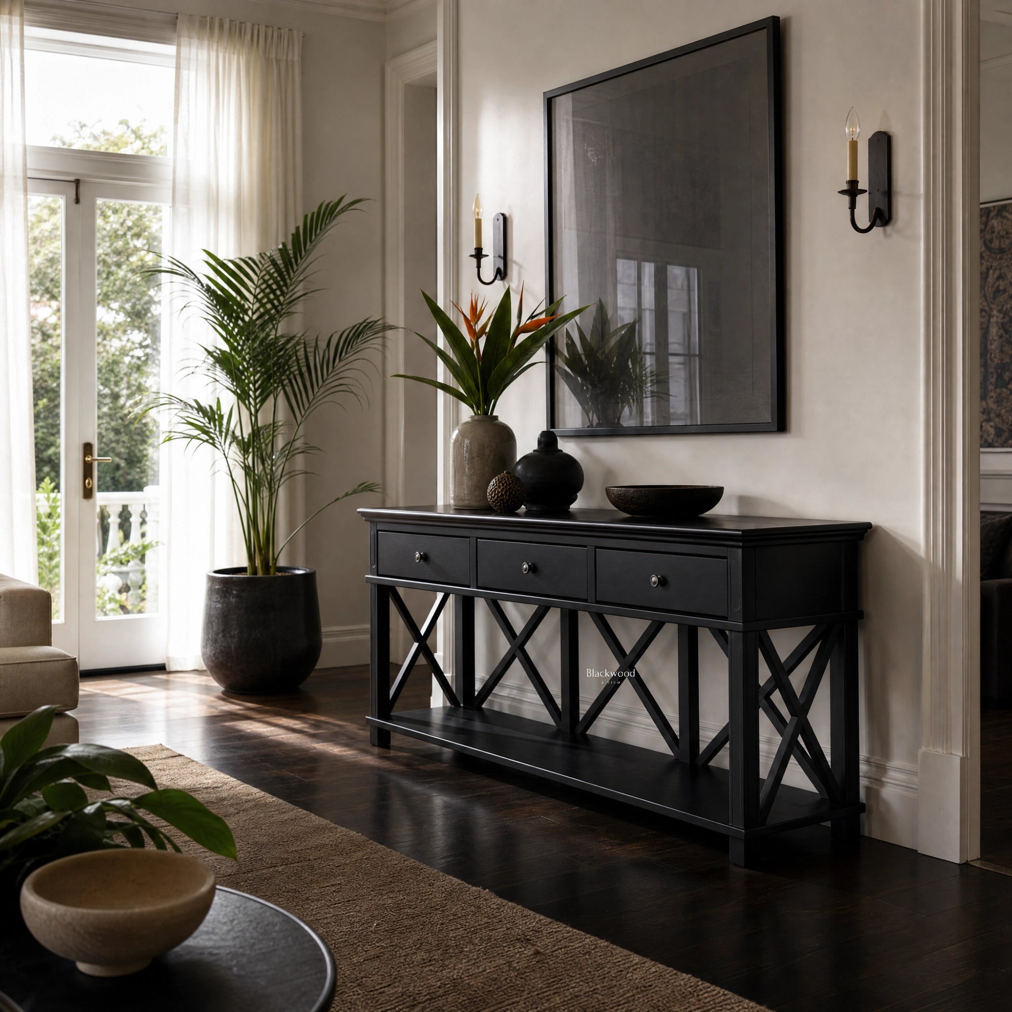 Bridgeport 3-Drawer Black Console with cross-braced legs and moulded top in an entryway setting.